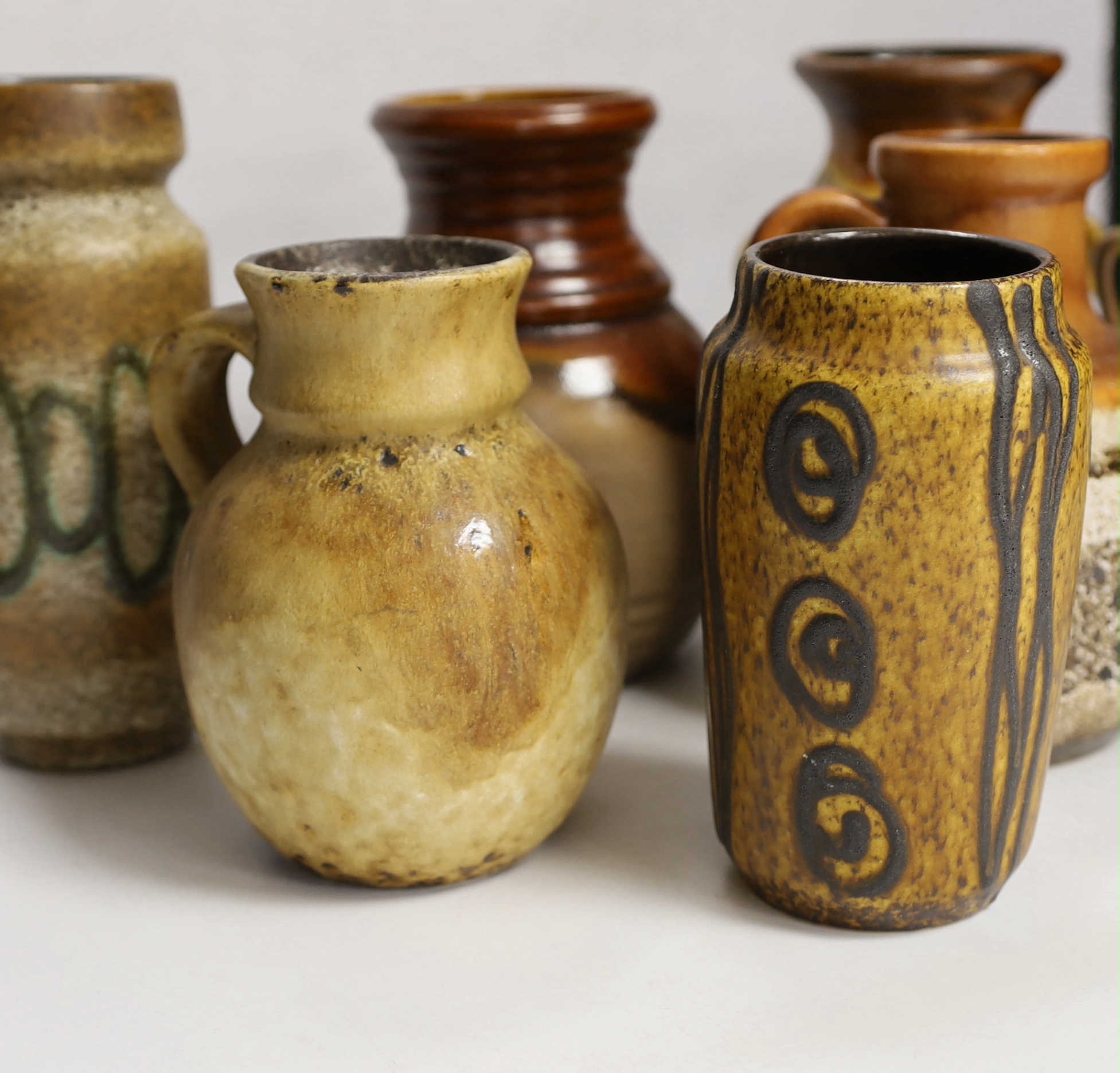 Seven West German pottery items including Scheurich and Bay vases, tallest 18cm